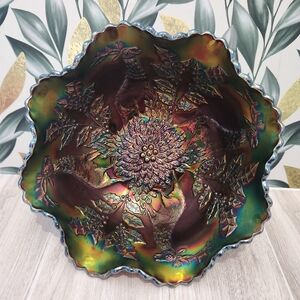 Vintage Blue Iridescent Carnival Glass Bowl Holly Deer Stag Pattern 7.75" Decor